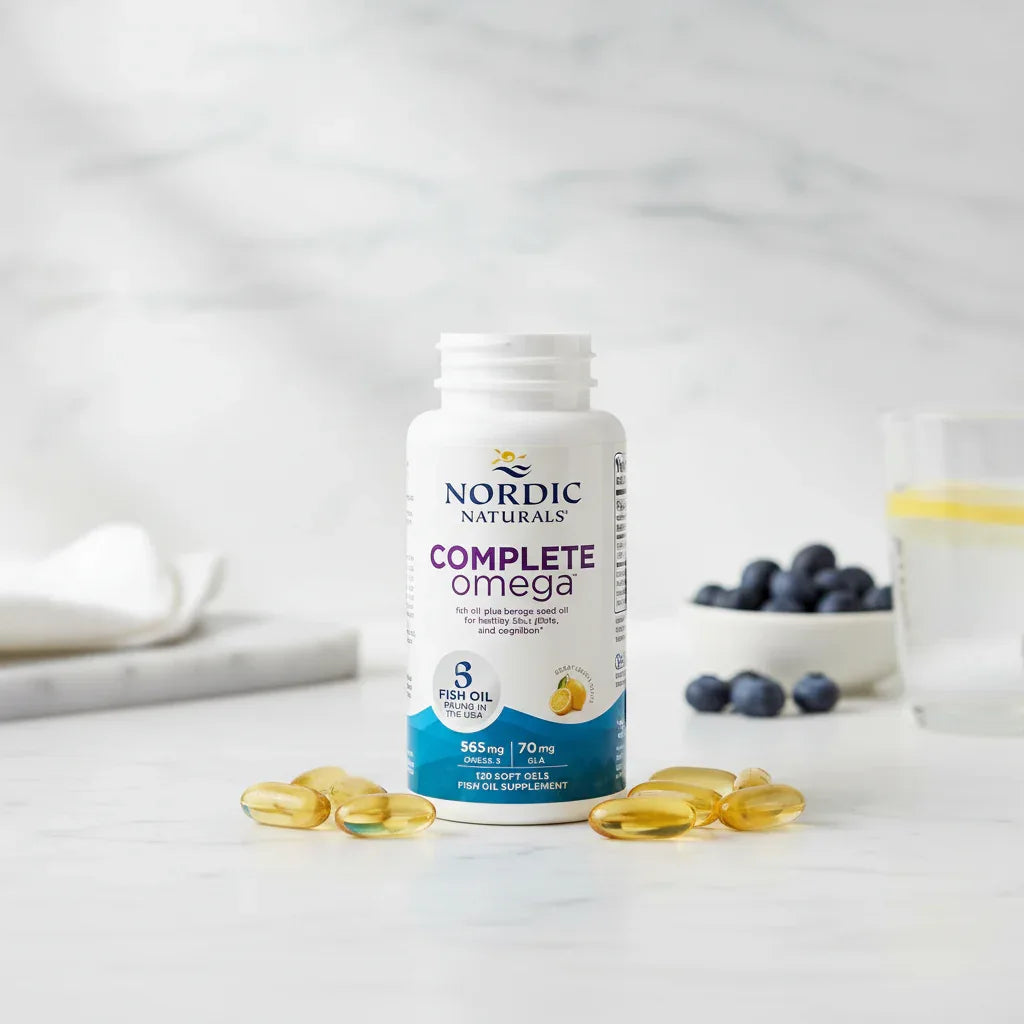Clean lifestyle product display for health-conscious modern shoppers with omega-3 fish oil supplement on white marble