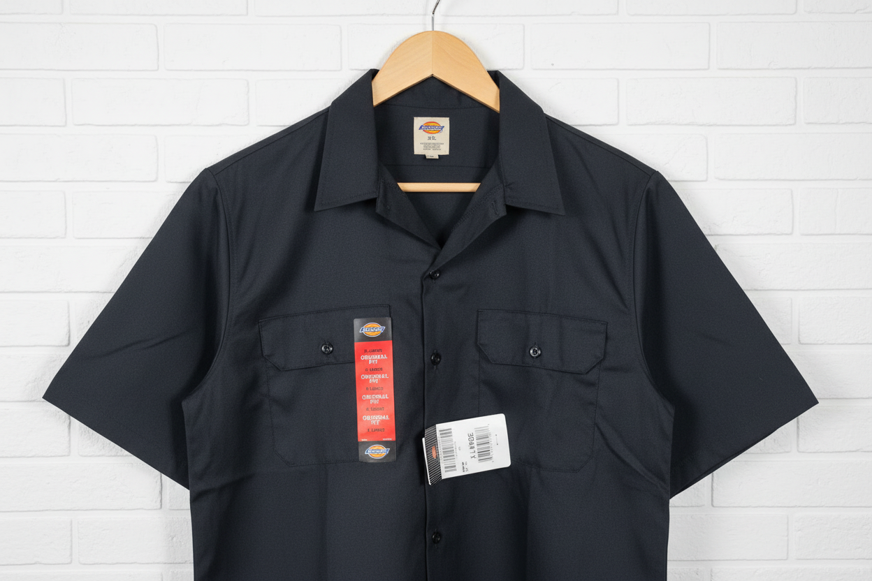 Dickies Original Fit Short Sleeve Work Shirt black XL hanging on wooden hanger against white brick wall – More4less Outlet