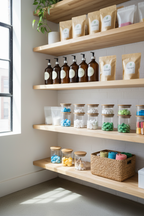 Organized pantry with sustainable household cleaning refills and tablets