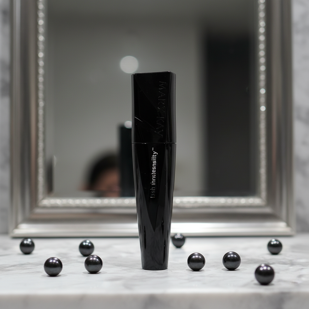 Mary Kay Lash Intensity Mascara in Black — sleek angular black faceted tube with silver text standing upright on a white marble vanity with dramatic lighting, blurred mirror, and scattered black pearls