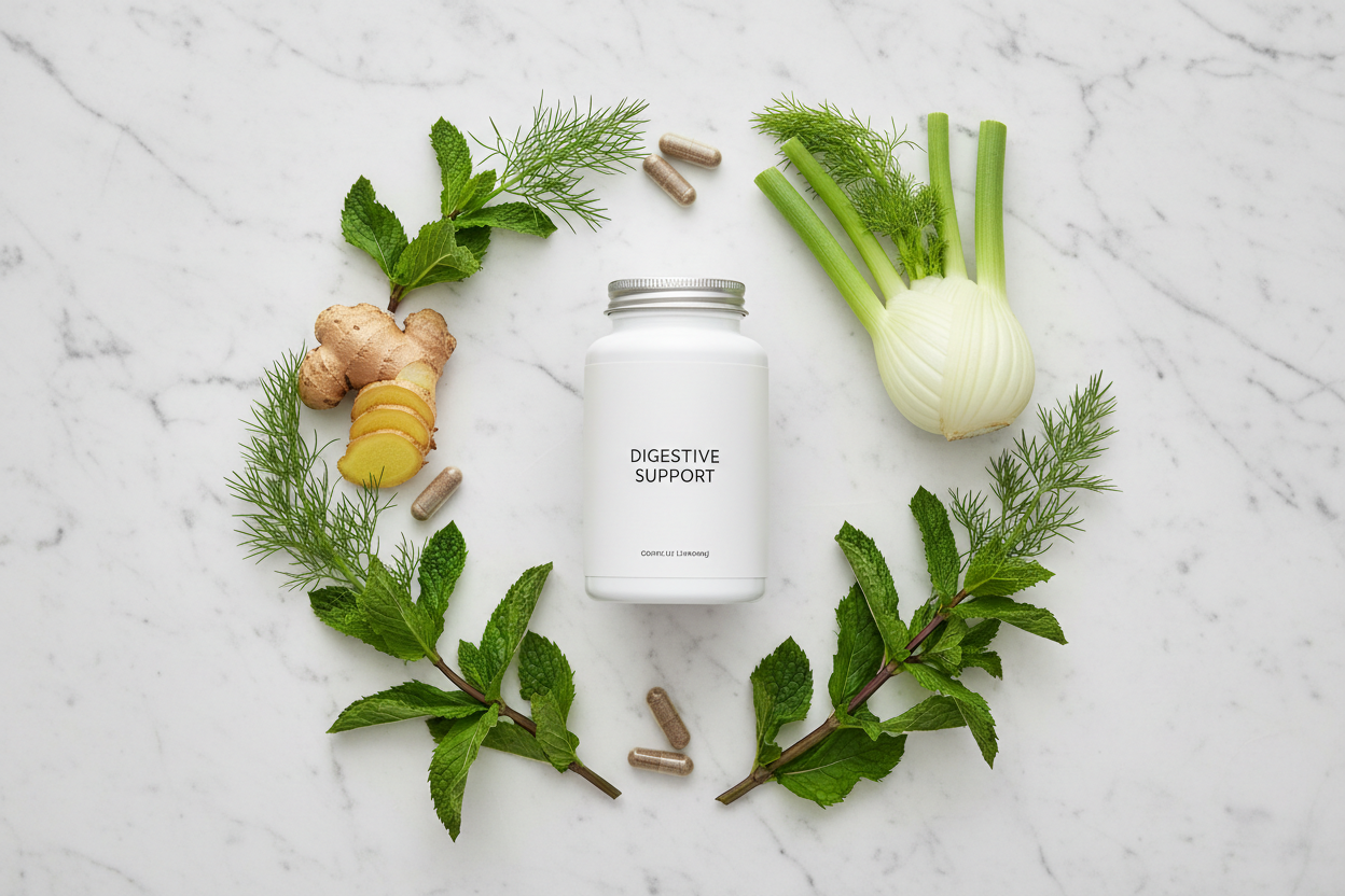 Top-down flat lay of supplement bottle with fresh ginger, fennel, and mint leaves on marble