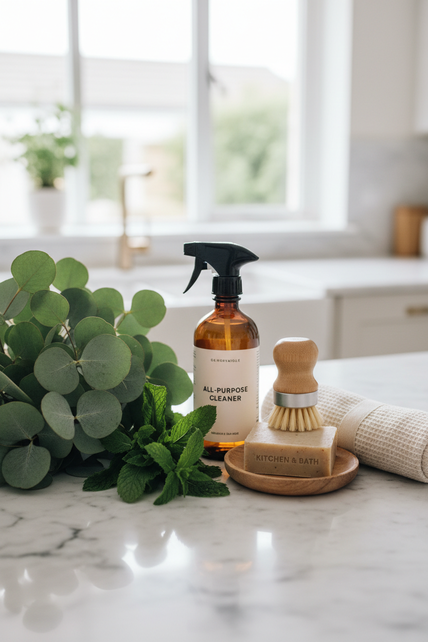 Eucalyptus branches and fresh mint leaves beside sustainable cleaning supplies on white marble