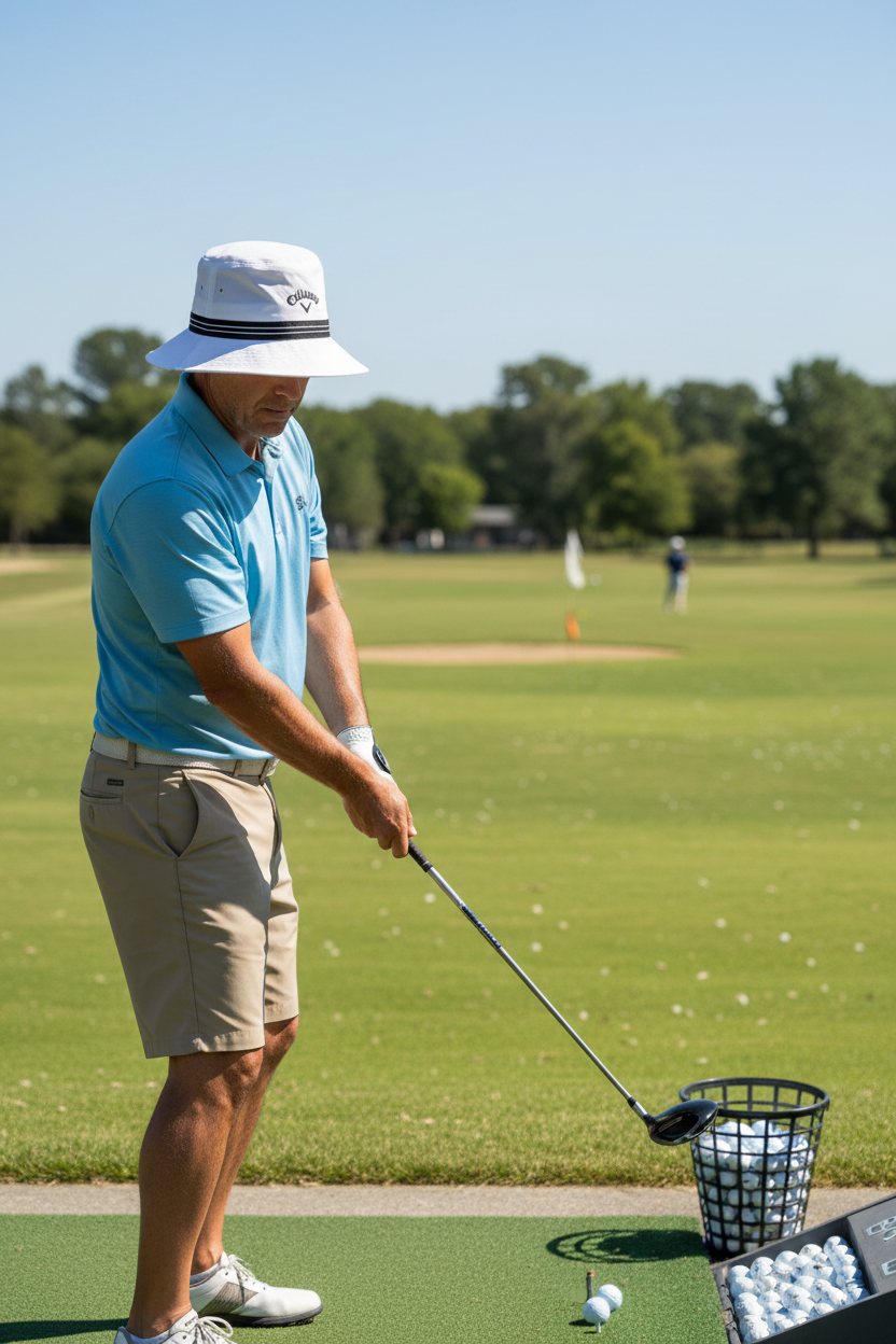 Callaway Golf white bucket hat with black striped ribbon band worn by golfer at driving range on bright sunny summer day