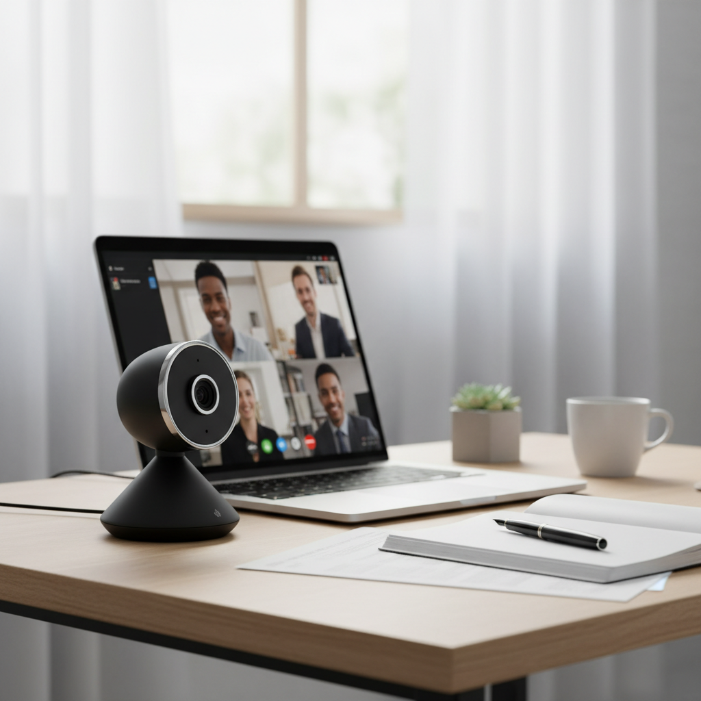 Sleek black USB webcam with silver accent ring on modern desk next to laptop and notebook professional video conferencing setup clean workspace