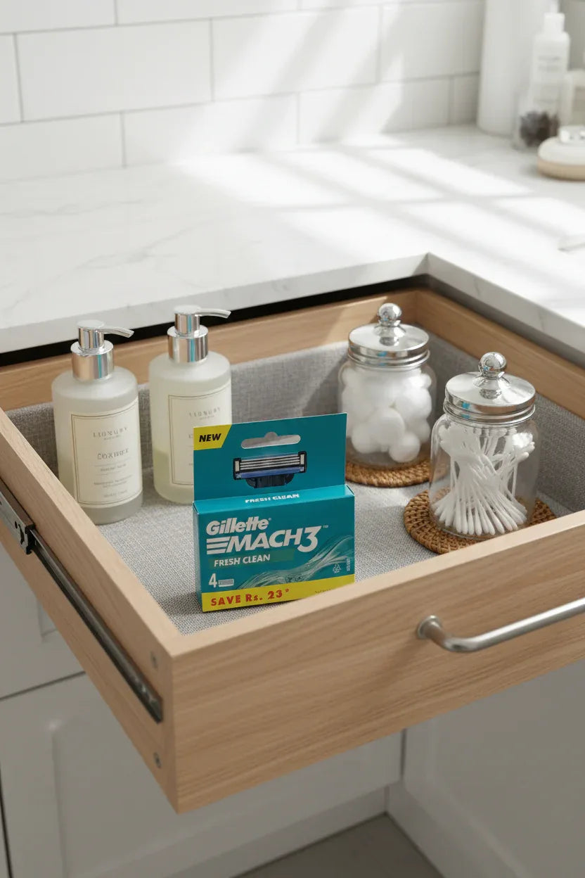 Gillette Mach3 Fresh Clean 4-pack in organized bathroom linen drawer with cotton jars and luxury body wash