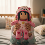 Child hugging Stumble Guys Pink Cat Plush Buddy in cozy bedroom - soft and cuddly - More4less Outlet