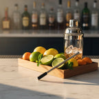Undici swizzle stick chiller with fresh citrus tray and glass shaker on modern marble bar top in golden hour lighting