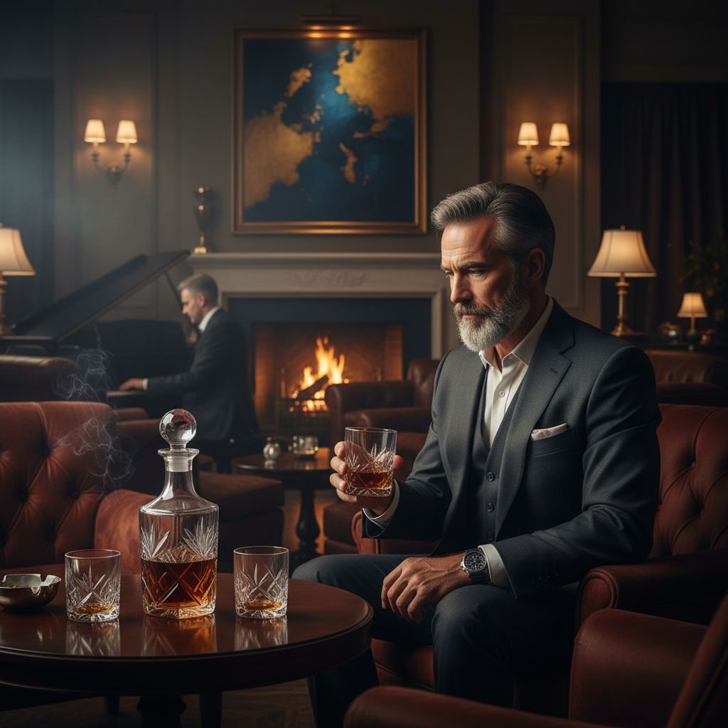Gentleman holding a glass from a luxury Godinger Ludlow crystal whiskey set in an evening lounge setting