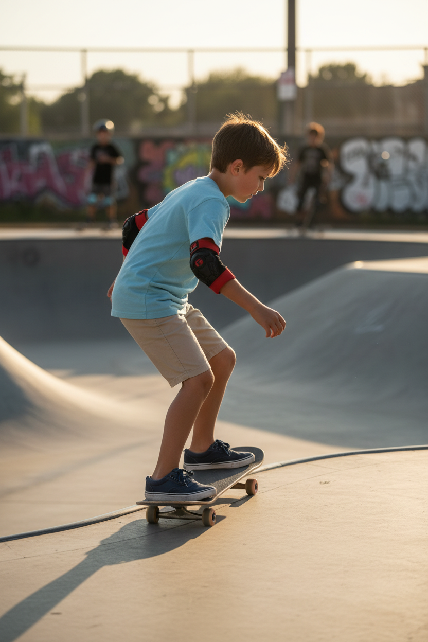 G-Form Youth Pro-X2 Elbow Pads worn by child skateboarding down ramp at skate park