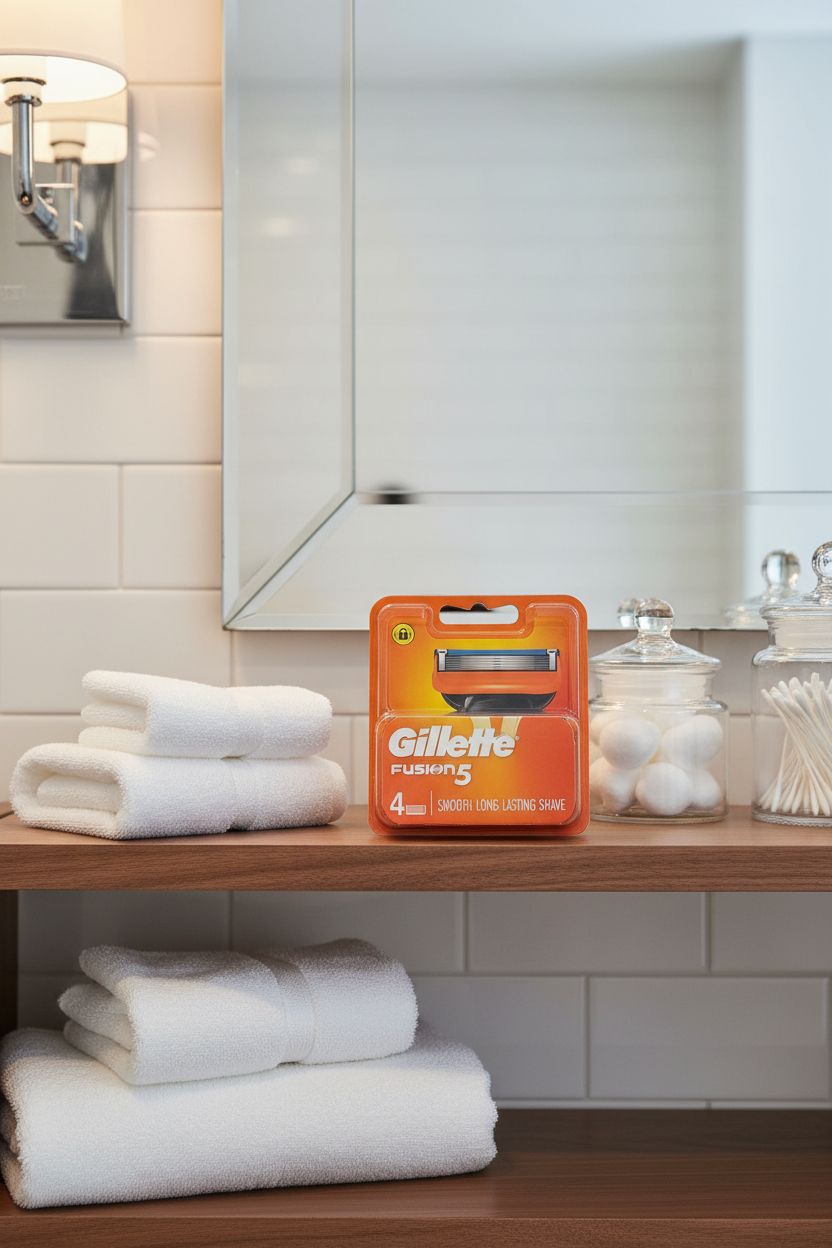 Gillette Fusion5 4-count razor refills on walnut bathroom shelf with white charcoal towels and apothecary jars