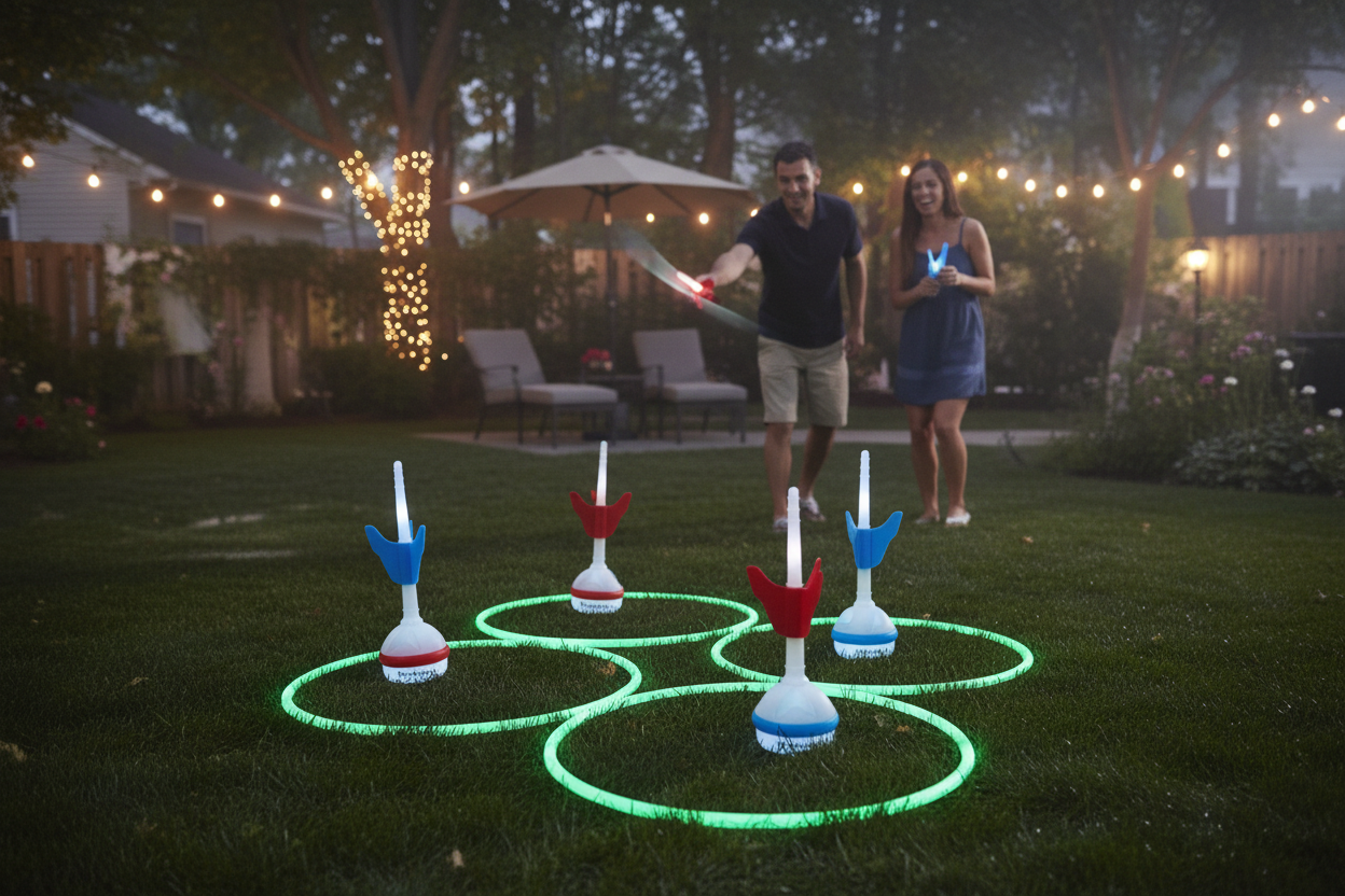 Brookstone Light Up Target Toss Game - New & Factory Sealed - Play after dark with LED lawn darts and glowing rings - More4less Outlet Verified