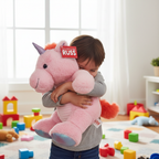 Child hugging Russ Jazwares 17 inch Pink Unicorn Plush in bright cheerful playroom - More4less Outlet
