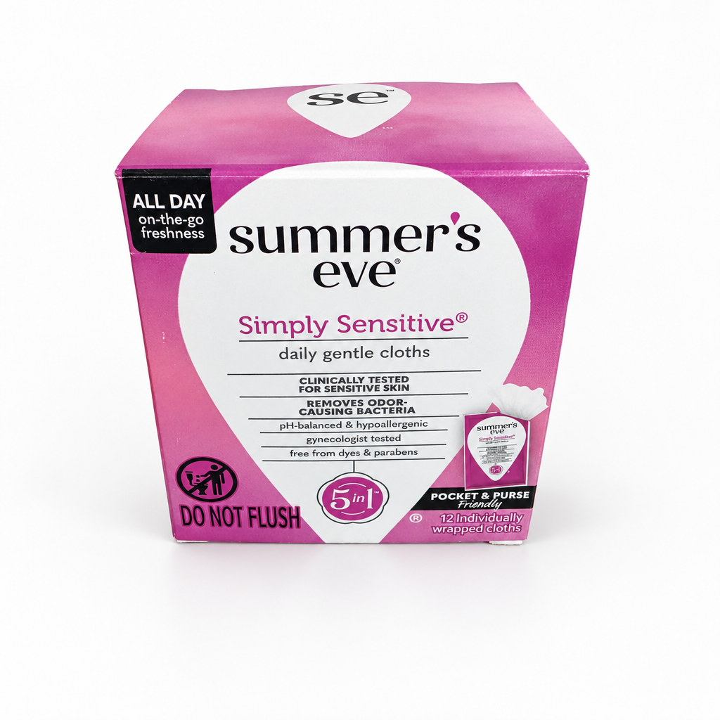 Summer's Eve Simply Sensitive daily gentle cloths box on a white studio background