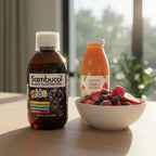 Sambucol Kids Black Elderberry Syrup bottle on wooden morning breakfast bar with fresh bowl of berries and organic fruit juice container