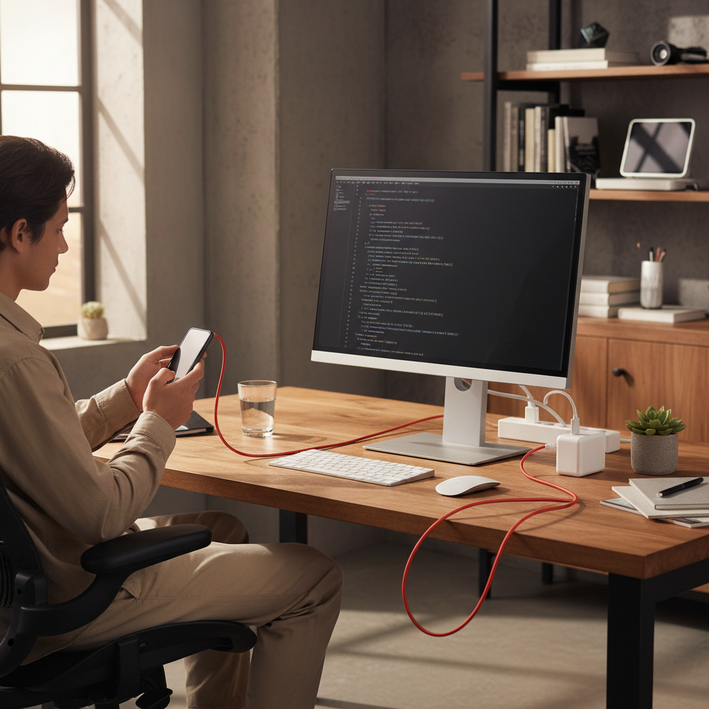 Person using smartphone while it charges with a long flat braided red USB cable at a modern home office desk