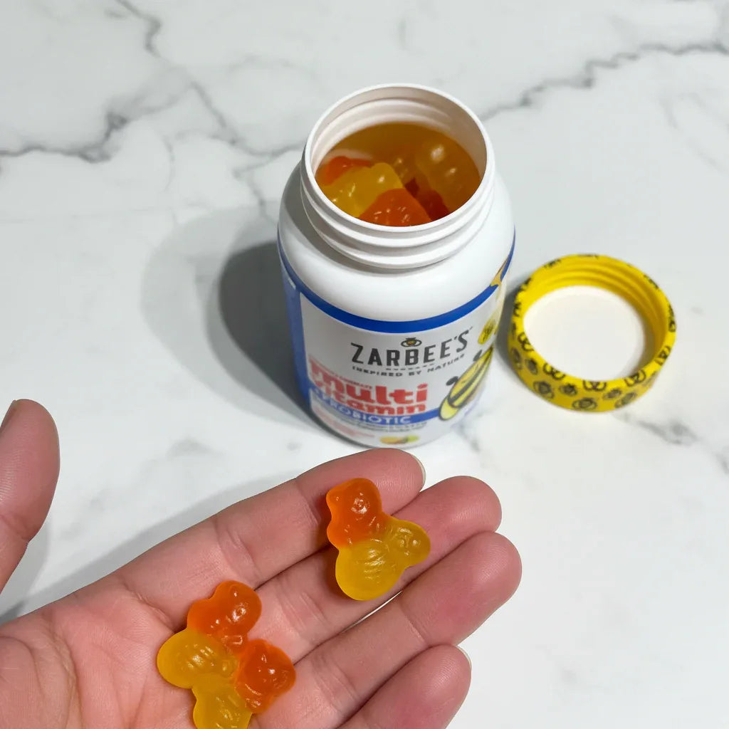 Close-up of colorful children's vitamin gummy soft natural indoor lighting