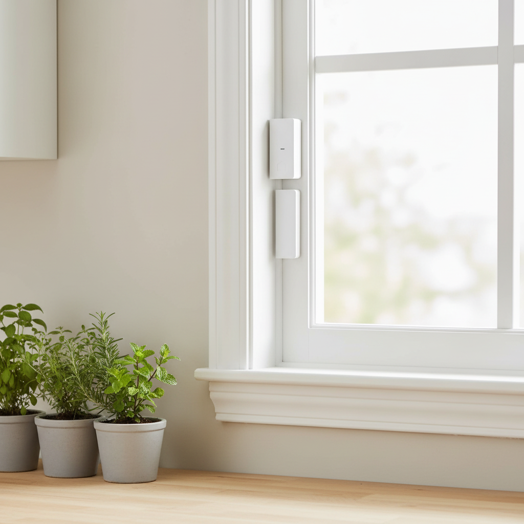 Quirky + GE Tripper Smart Window Sensor installed on interior frame of modern white-paned kitchen window next to countertop herb garden