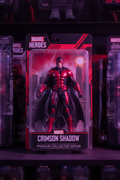 Marvel Legends Elektra Natchios as Daredevil 6-inch figure in blister card on dark collector shelf with dramatic red and purple lighting — More4less Outlet