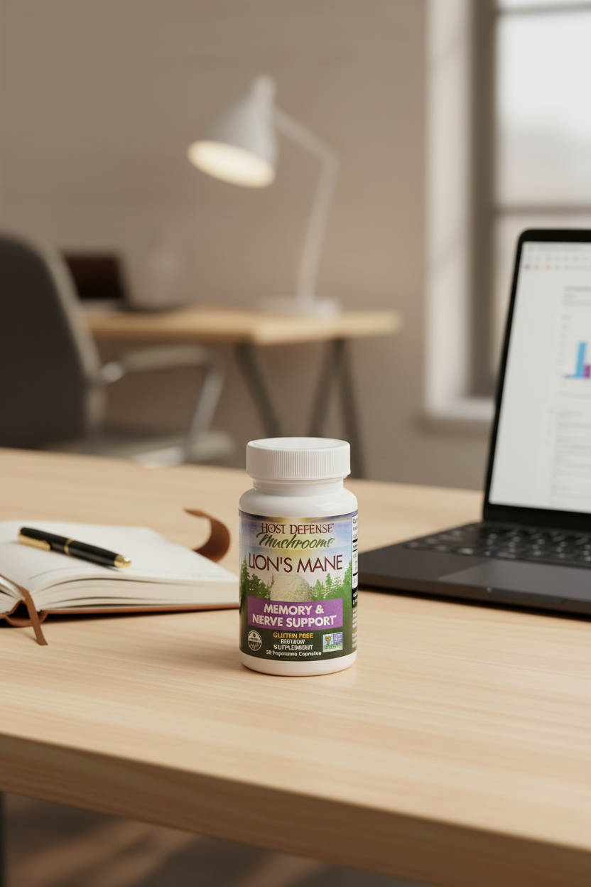 Host Defense Lion's Mane bottle on modern wooden office desk next to leather planner and black matte laptop focus productivity