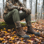 Men's earth brown merino wool Realtree crew socks worn with rugged hunting boots in forest setting fallen leaves cold weather outdoor