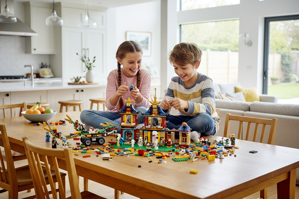 Two kids building and playing with LEGO NINJAGO Kai's Dragon Power Flip set together at kitchen table – More4less Outlet