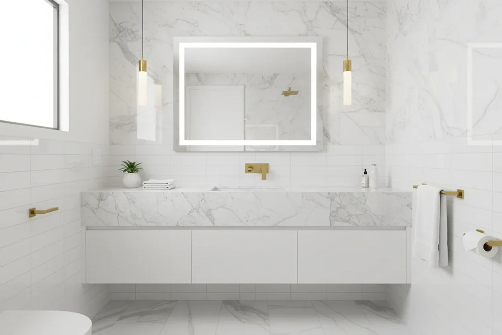 Staged residential washroom showcasing premium brushed gold hardware finish integration