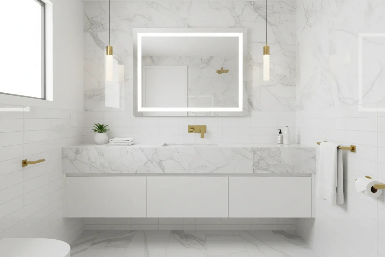 Staged residential washroom showcasing premium brushed gold hardware finish integration