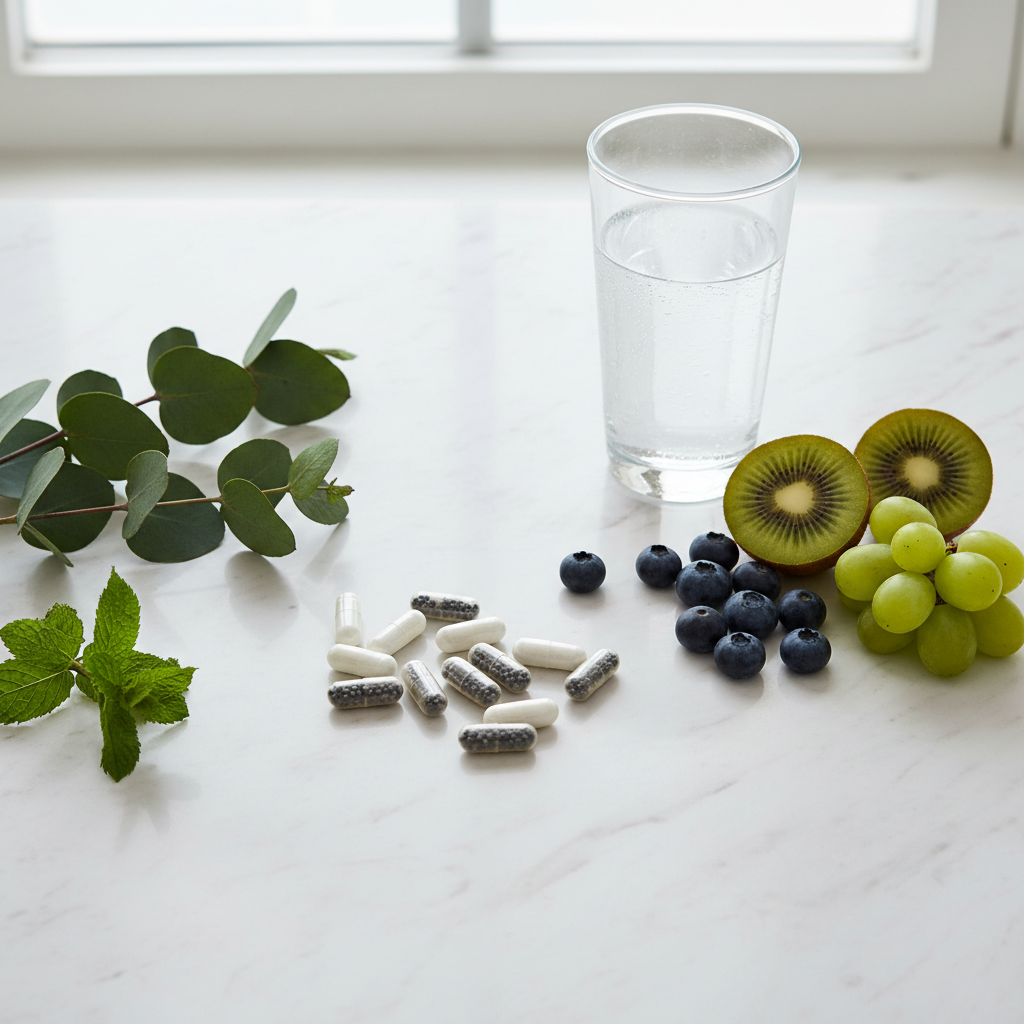 Flat lay of probiotic capsules, fresh fruit, and green leaves on white marble