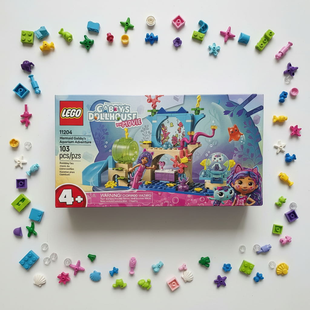 LEGO Gabby's Dollhouse Mermaid Gabby's Aquarium Adventure set 11204 factory-sealed retail box flat-lay on white surface alongside scattered colorful LEGO bricks and ocean-themed accessories