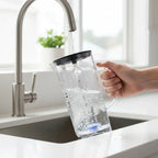 Close up of Ninja Thirsti 48oz reservoir at kitchen faucet with water streaming in showing easy-grip handle design