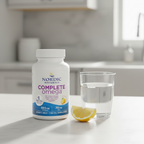 AI-generated contextual image of Nordic Naturals Complete Omega lemon supplement bottle beside a glass of water and lemon