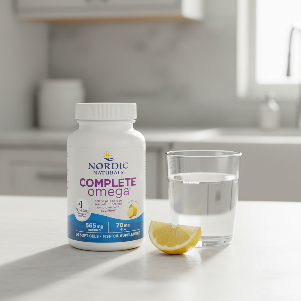 AI-generated contextual image of Nordic Naturals Complete Omega lemon supplement bottle beside a glass of water and lemon
