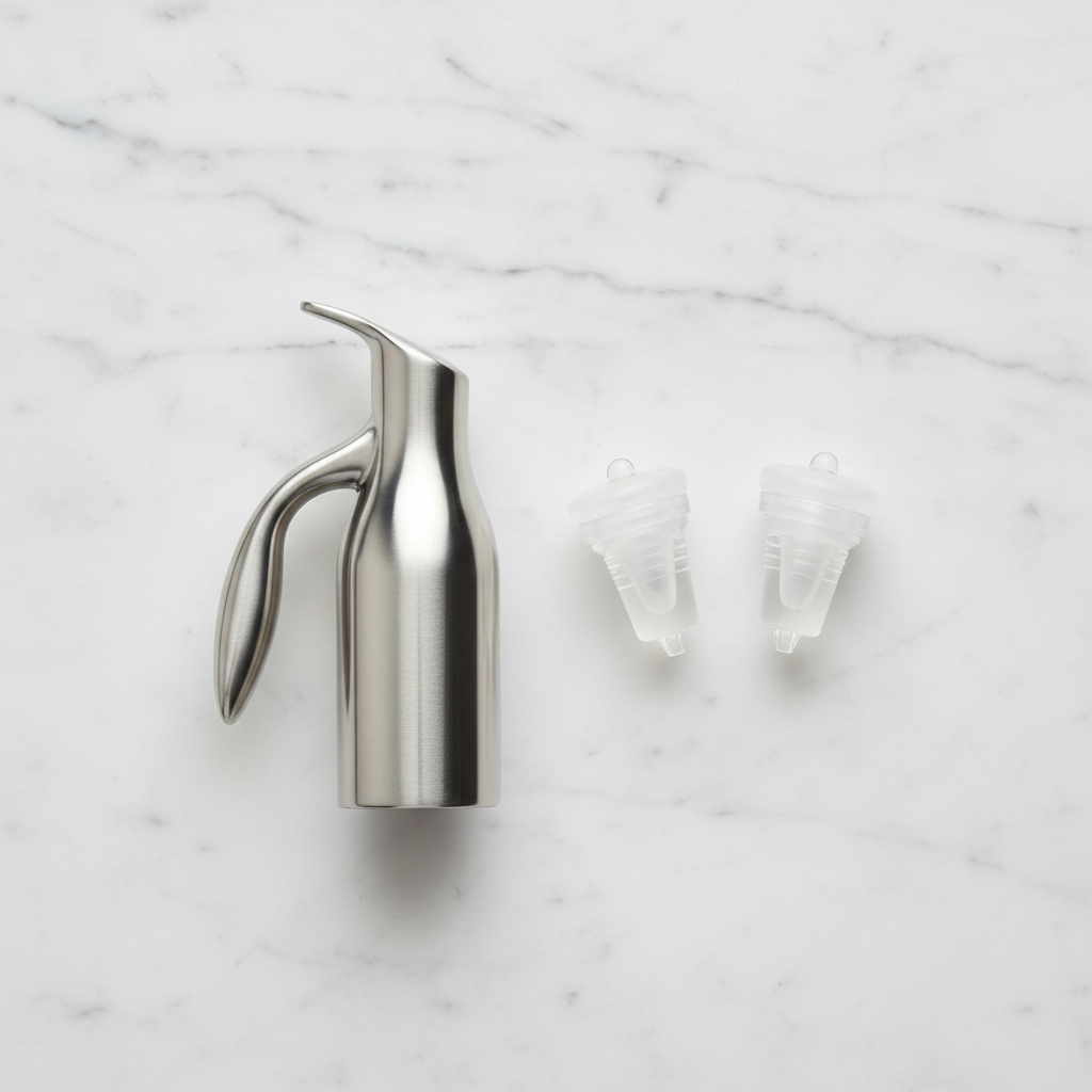 OXO SoftWorks Vacuum Wine Preserver 3-piece set flat lay — stainless steel pump and two clear silicone stoppers on white marble