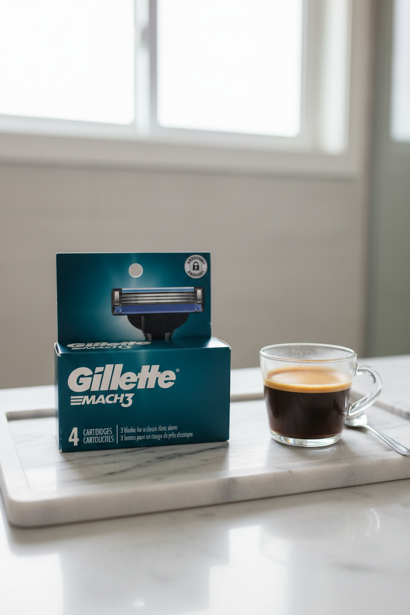 Gillette Mach3 4-pack razor refills on marble tray next to espresso cup morning routine context