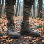 Men's Realtree wool blend socks worn with rugged hiking boots on forest trail in autumn cold weather outdoor adventure