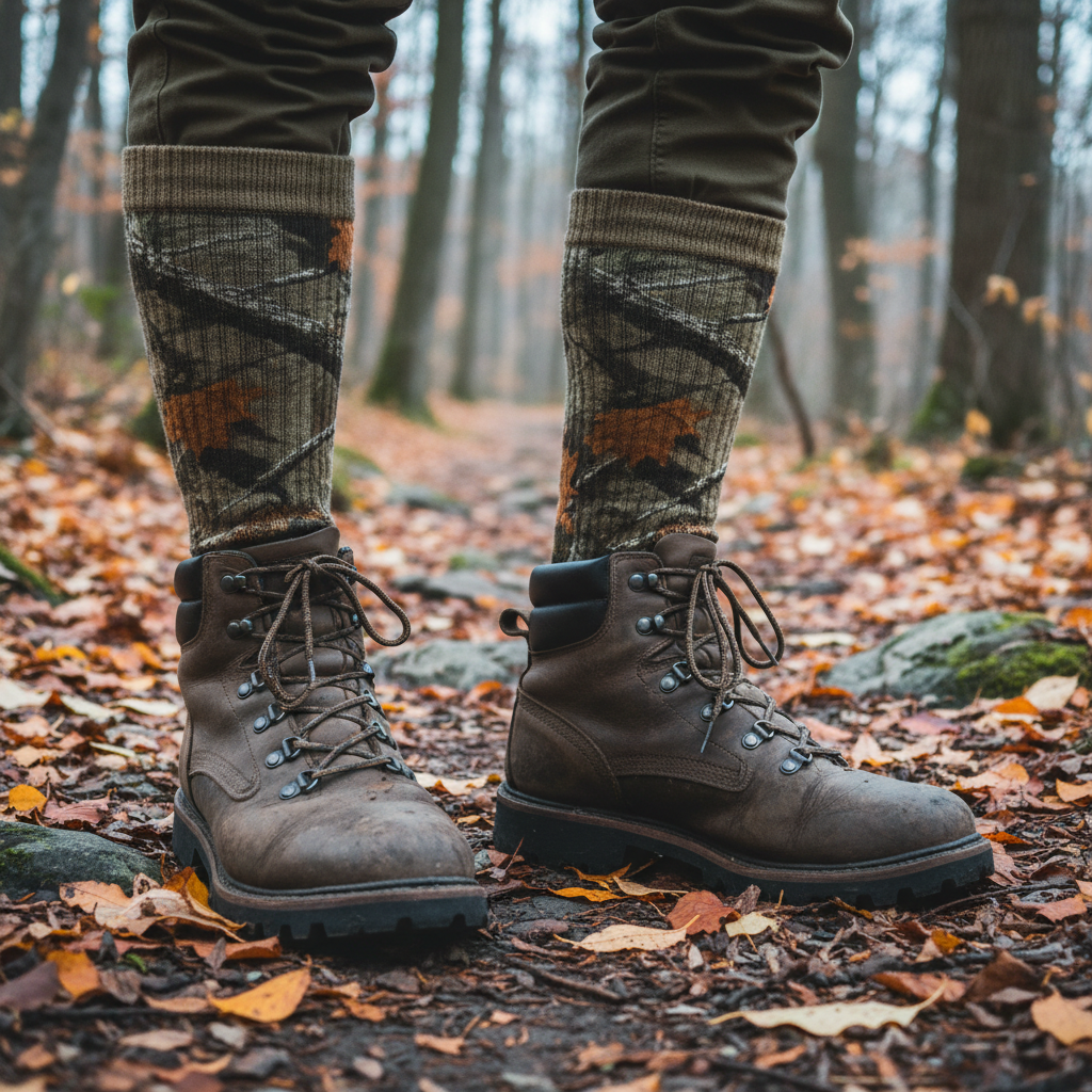 Men's Realtree wool blend socks worn with rugged hiking boots on forest trail in autumn cold weather outdoor adventure