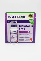 Natrol Melatonin 5mg Fast Dissolve close-up hero shot white bottle purple cap