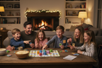 Family sitting around a table laughing and playing a fun dice matching game together at game night