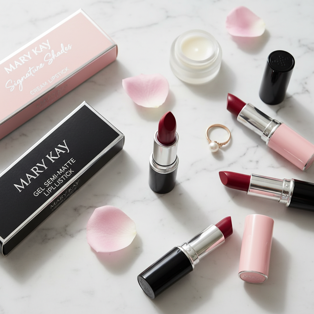 Mary Kay lipstick collection lifestyle flat lay on marble surface showing pink and black box shades with open berry red lipstick