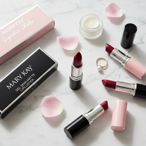 Mary Kay lipstick collection lifestyle flat lay on marble surface showing pink and black box shades with open berry red lipstick