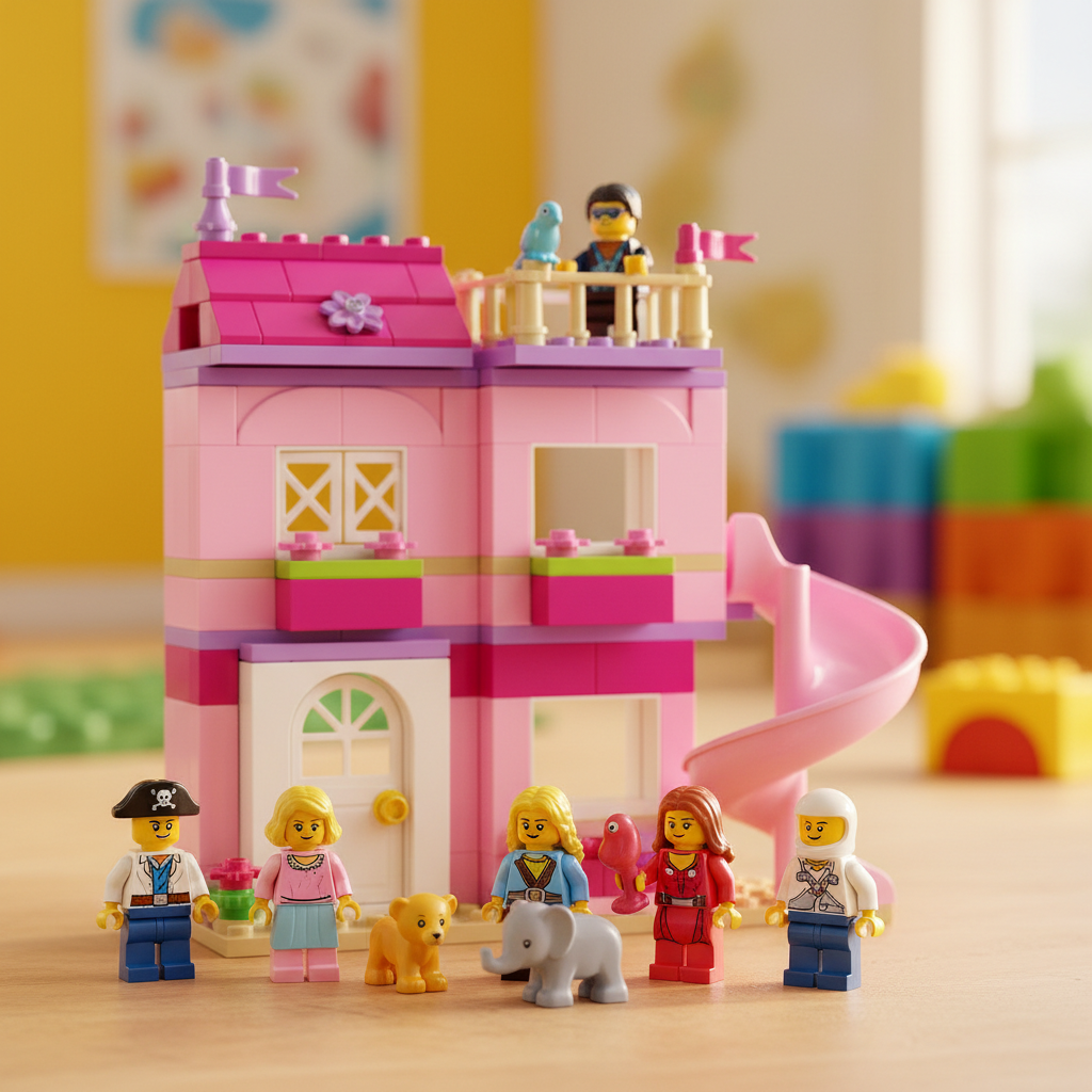 Small LEGO minifigures and animal figures arranged in front of a colorful pink two-story toy building with a slide
