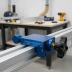 Blue anodized Kreg KMS7215 micro-adjuster locked to a router table fence rail with black T-knob – .005 inch scale in sharp focus