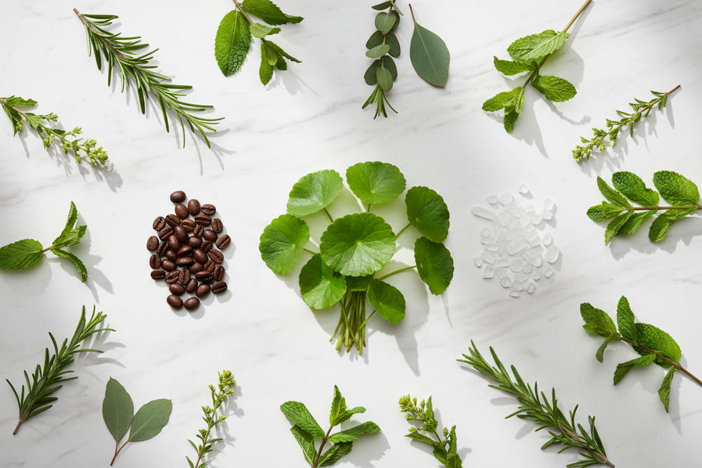 Centella asiatica gotu kola coffee beans menthol crystals and botanicals on white marble - body firming ingredient flat lay