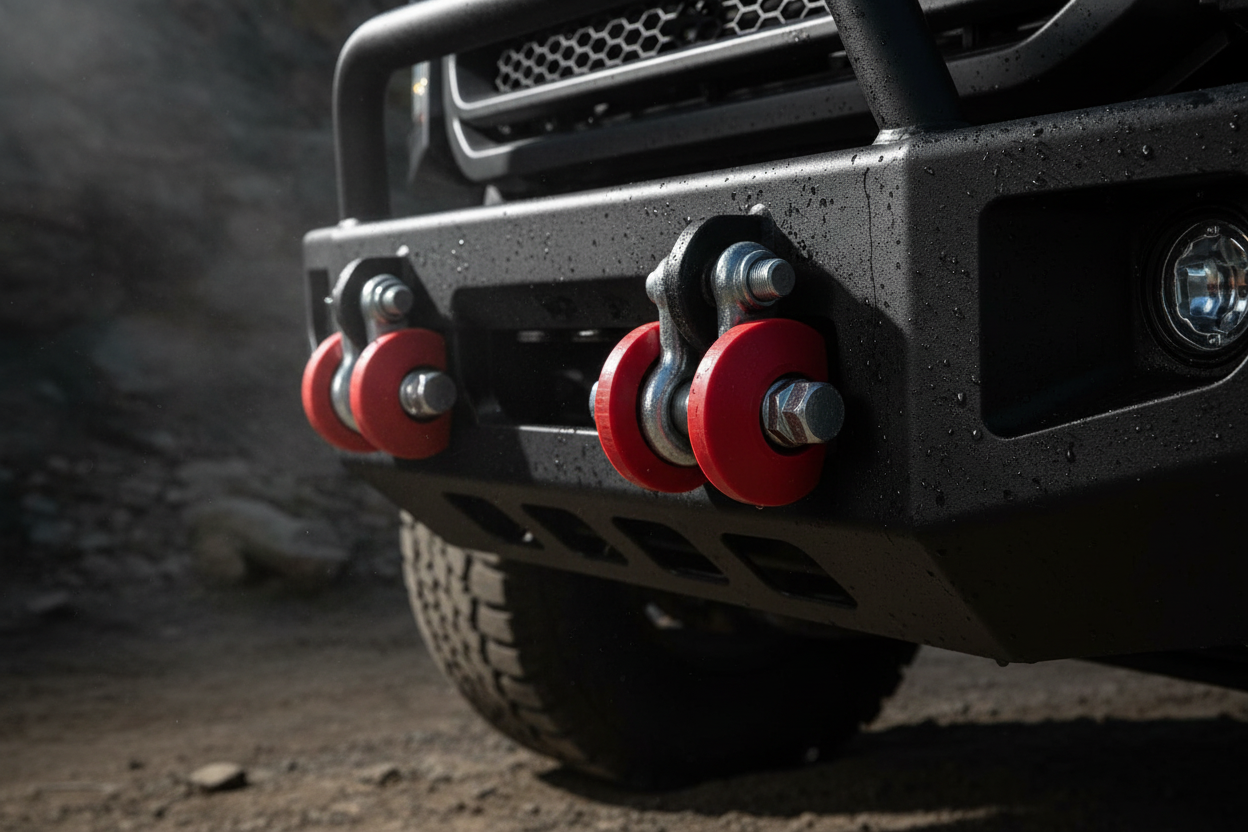 Daystar red D-ring shackle isolators close-up on black powder-coated truck bumper showing red polyurethane against black steel - More4less Outlet