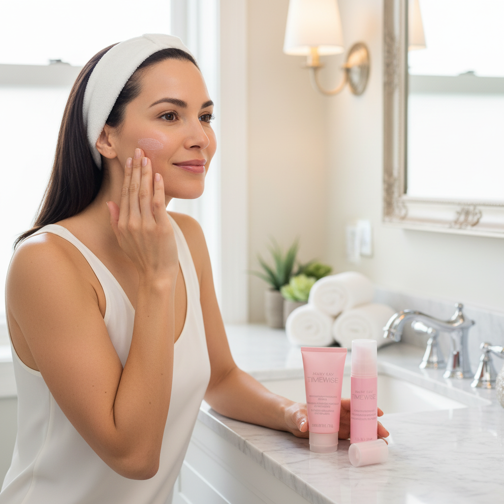 Woman applying Mary Kay TimeWise Microdermabrasion Refine and Pore Minimizer in two-step skincare routine at vanity