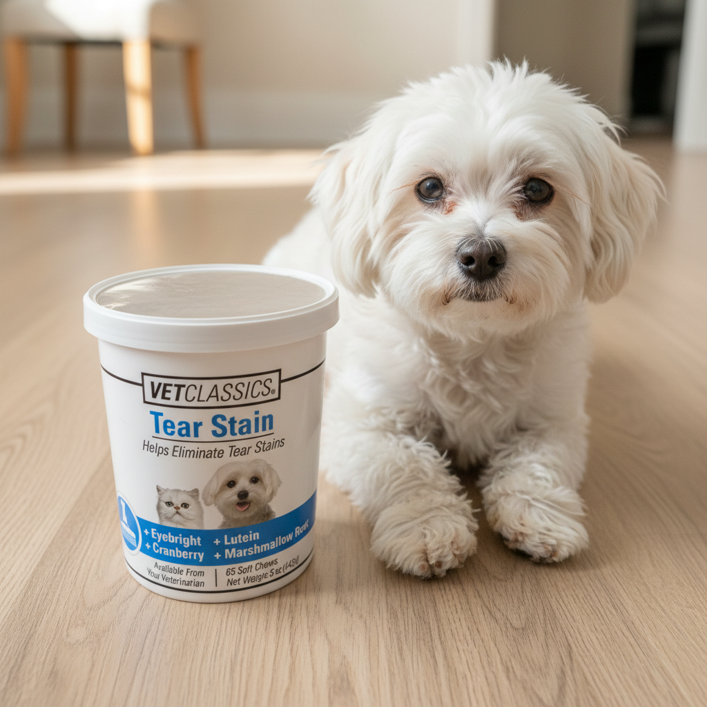 VetClassics Tear Stain 65 soft chews tub on wood floor next to a fluffy white Maltese dog with clean bright eyes