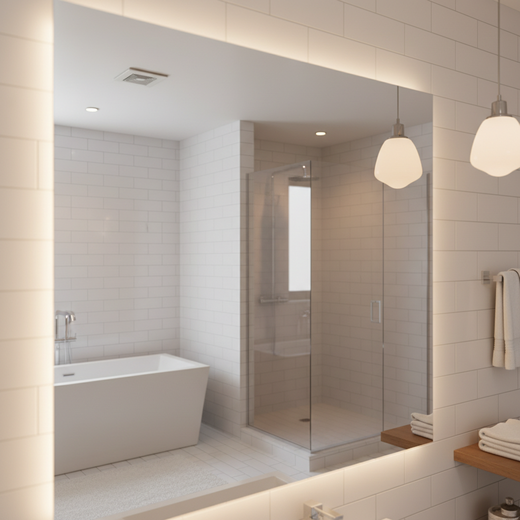 Fog-free bathroom mirror after hot shower reflecting clean dry modern bathroom – effective automatic moisture control
