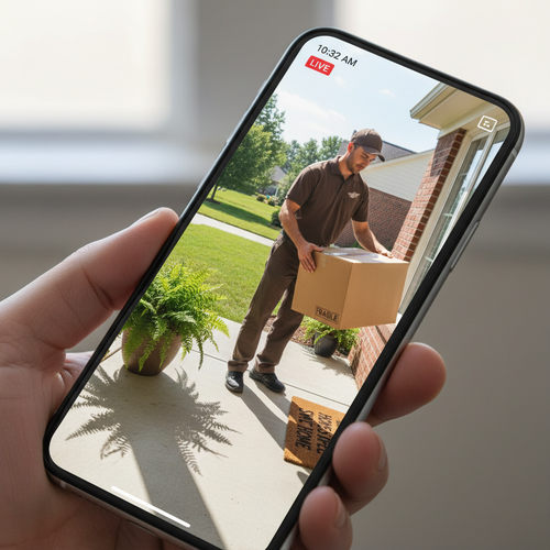 Smartphone screen displaying a crisp Head-to-Toe HD live video stream showing a delivery driver leaving a package on a front porch