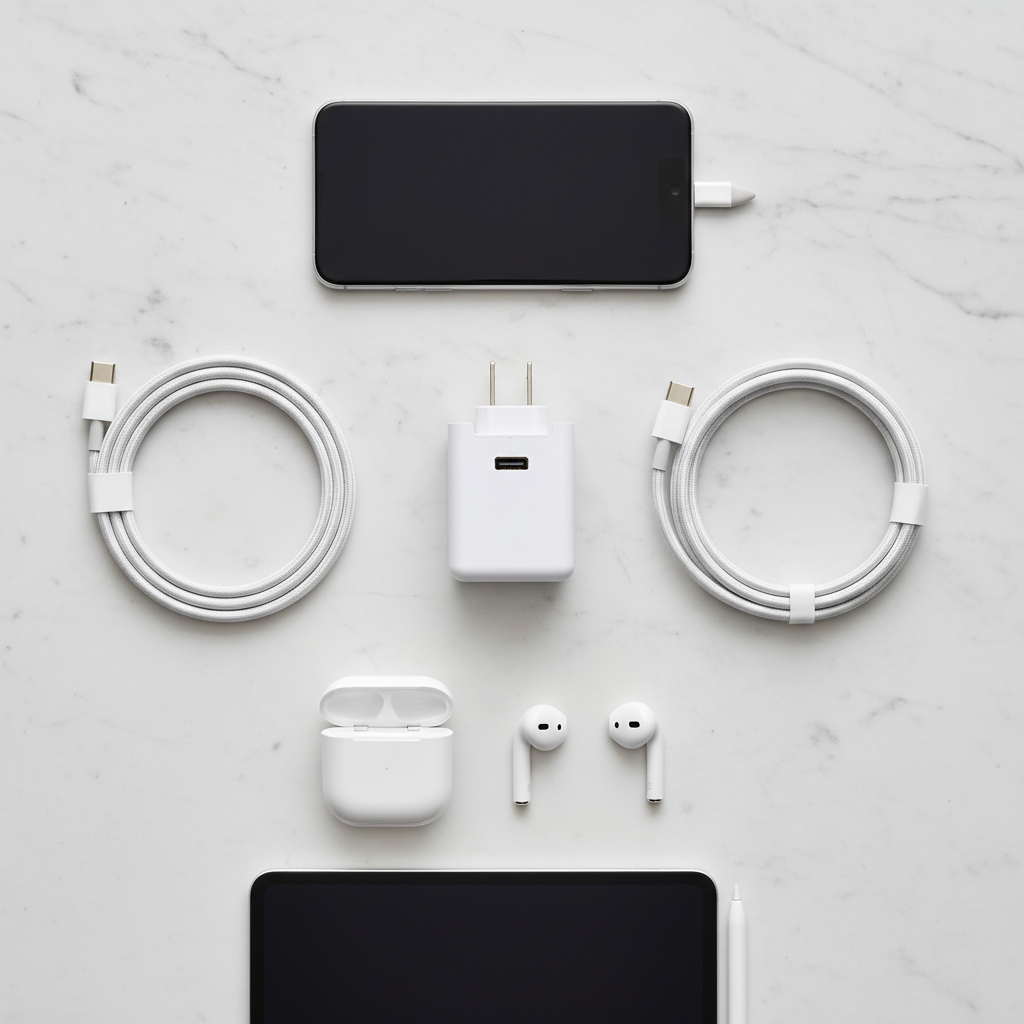 Flat lay of white USB-C charger block with coiled white cables and mobile devices on white marble