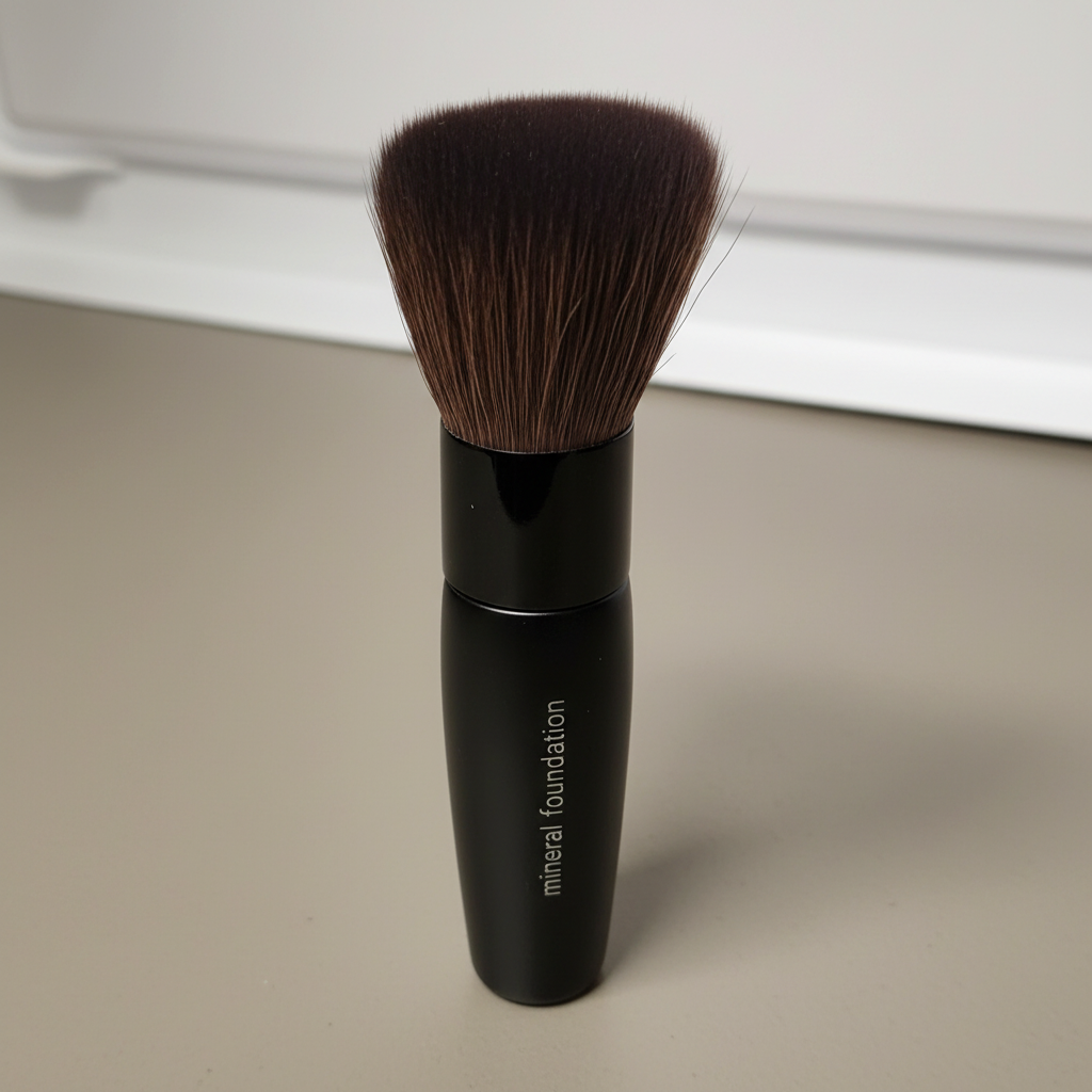 Mary Kay Mineral Foundation Brush at a three-quarter angle on a neutral surface